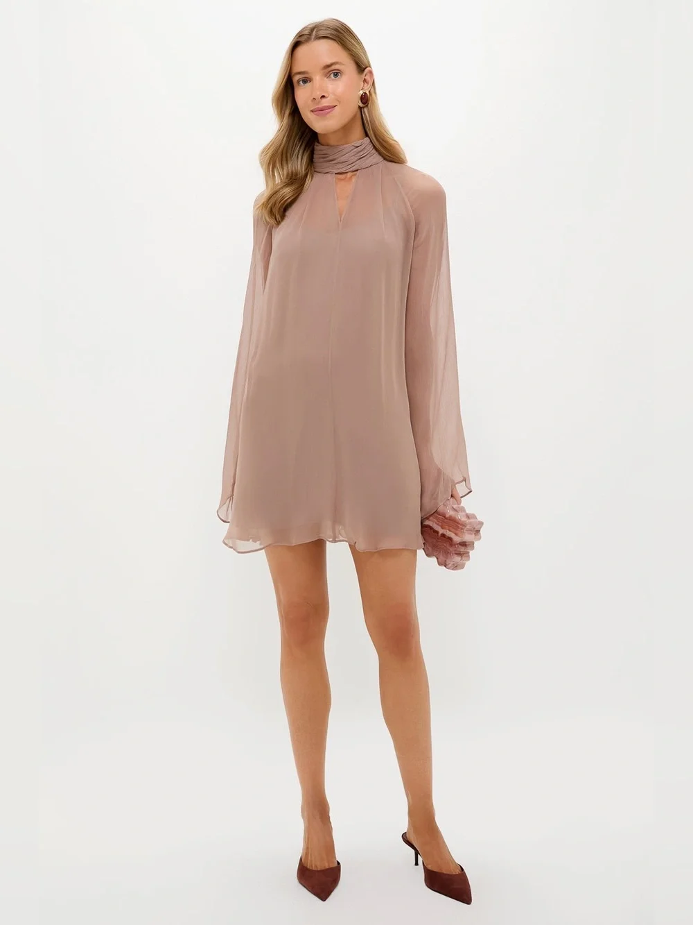 STAUD Esther Mini Dress Taupe XS NWT Sheer Keyhole Chiffon - Picture 2 of 12